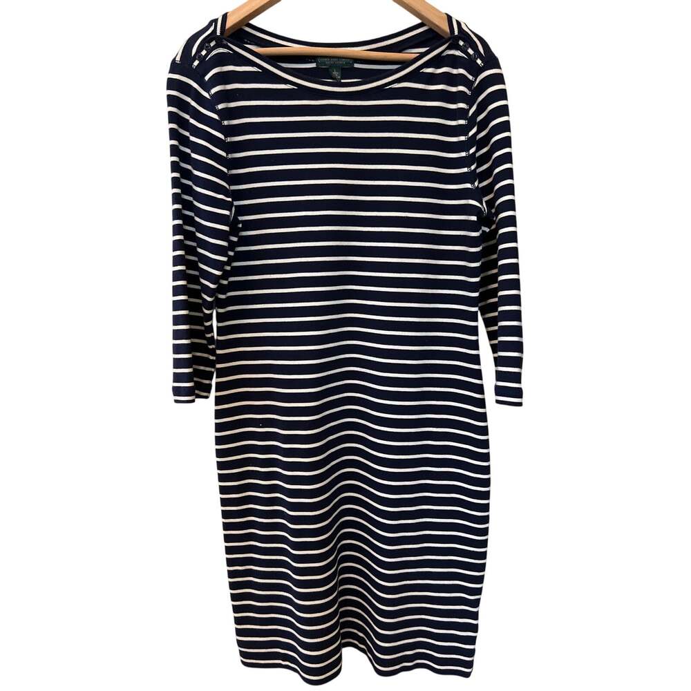 Lauren Ralph Lauren Navy Blue & White Striped Dress Chic Classic Stylish Size Lg